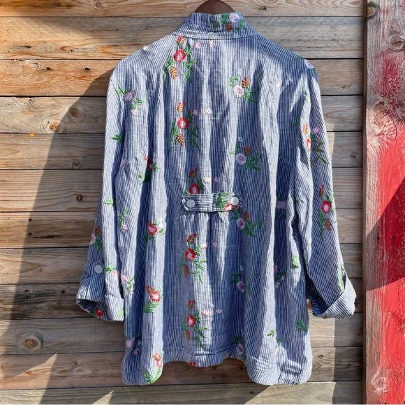 John.Mark linen button down collar loose fit embroidered top - Picture 10 of 12